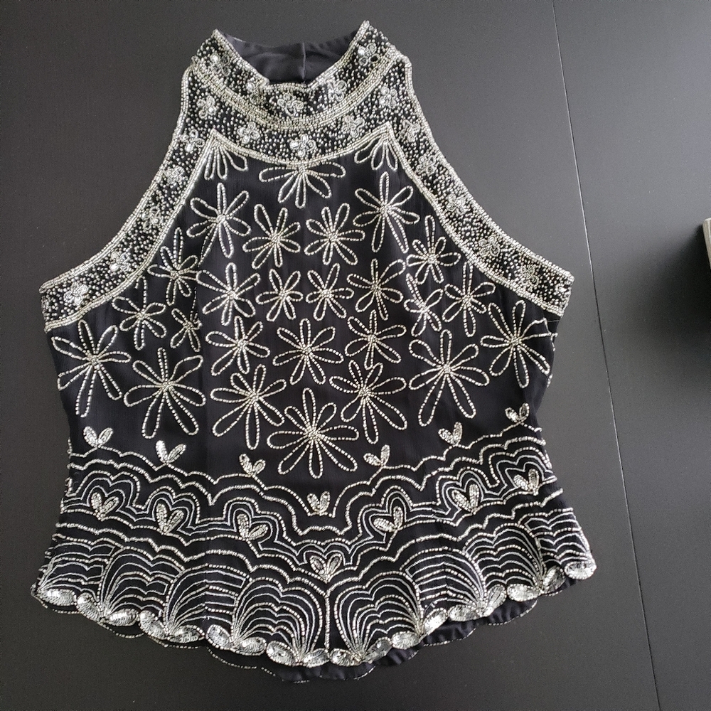 Papell Boutique 100% Silk Black and Silver Embellished Top Size Xl